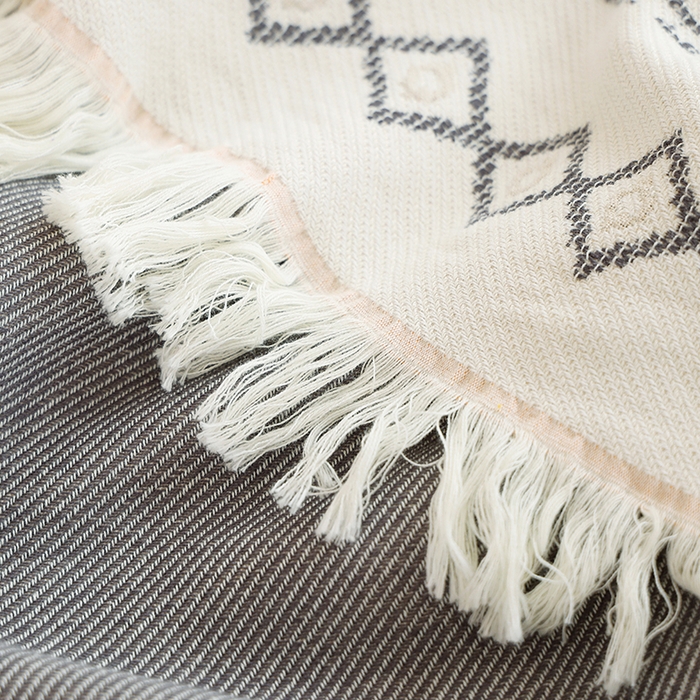 91家纺网 家纺一手货源 找家纺 朴尔 2024新款基拉尼风流苏花边全棉纱布毛巾被 林恩圣湖-灰