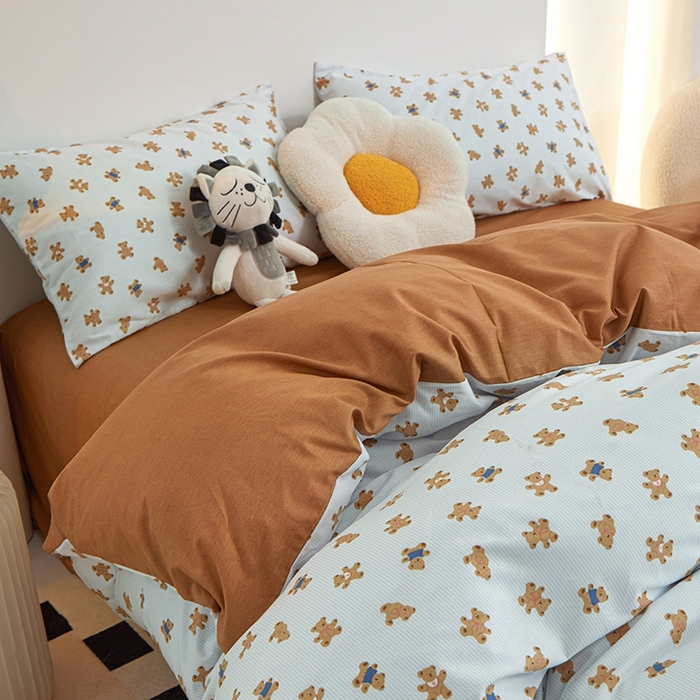 91家纺网 家纺一手货源 找家纺 一米阳光 2024新款小清新AB版全棉四件套 饼干熊