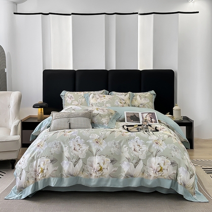 91家纺网 家纺一手货源 找家纺 娇逸家居 2025新款50支莱赛尔数码印花宽边拼角天丝四件套（可搭配同系列夏被和床盖） 知己-绿