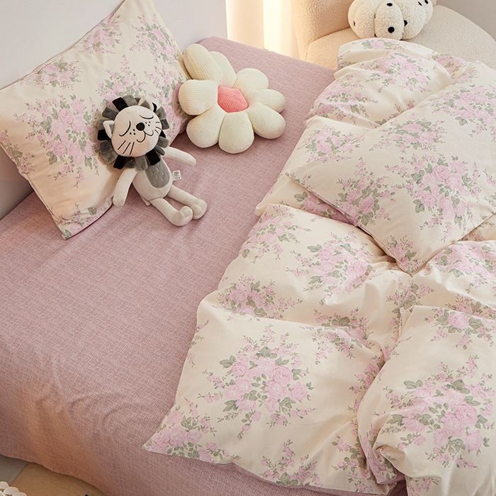 91家纺网 家纺一手货源 找家纺 一米阳光 2024新款小清新AB版全棉四件套 粉黛