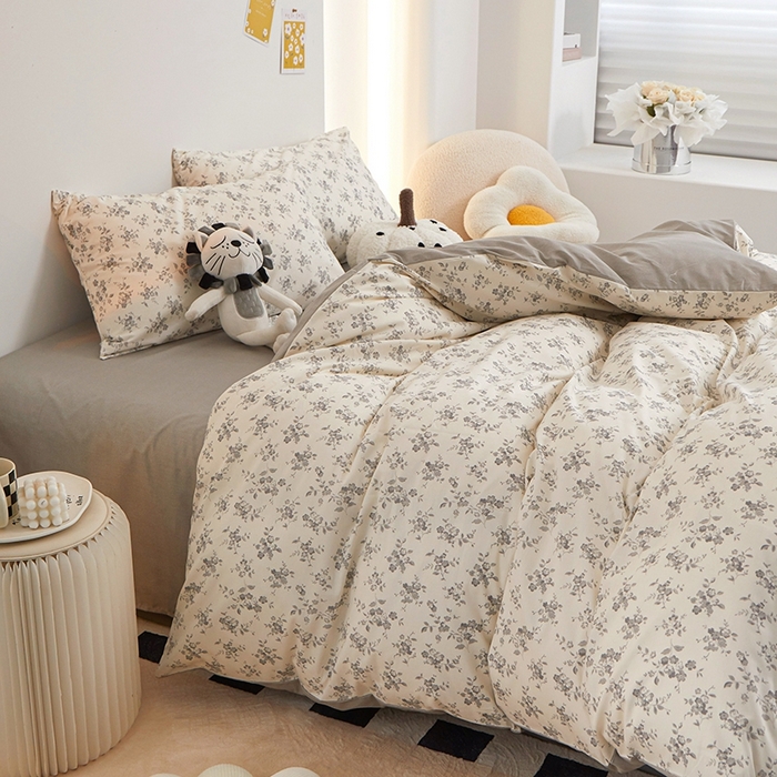 91家纺网 家纺一手货源 找家纺 一米阳光 2024新款小清新AB版全棉四件套 沁园-灰