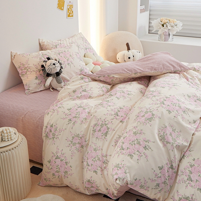 91家纺网 家纺一手货源 找家纺 一米阳光 2024新款小清新AB版全棉四件套 粉黛