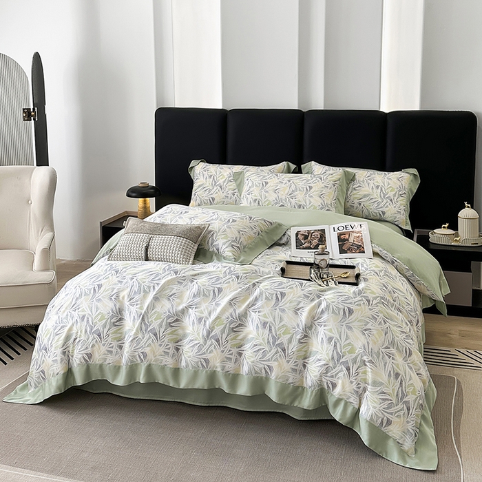 91家纺网 家纺一手货源 找家纺 娇逸家居 2025新款50支莱赛尔数码印花宽边拼角天丝四件套（可搭配同系列夏被和床盖） 春分