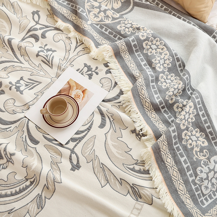 91家纺网 家纺一手货源 找家纺 朴尔 2024新款基拉尼风流苏花边全棉纱布毛巾被 罗马之恋-灰