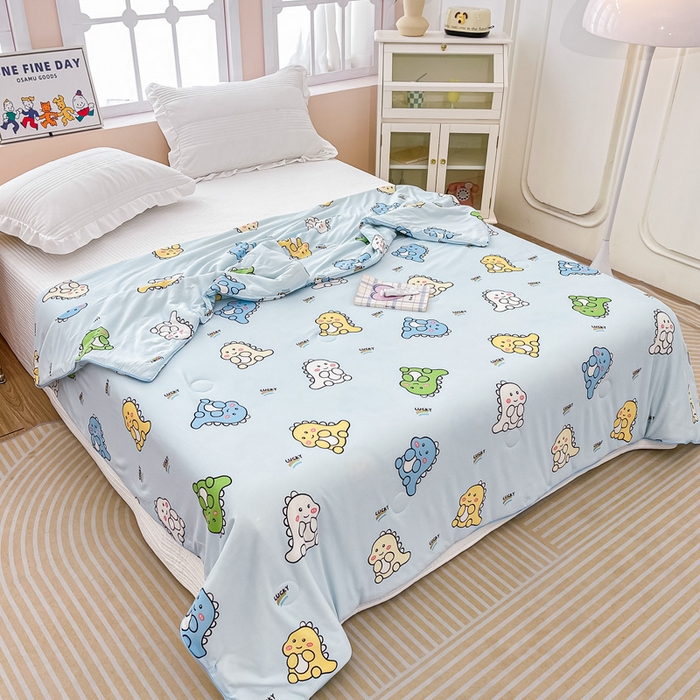 91家纺网 家纺一手货源 找家纺 眠优居 2024新款A类针织棉大豆纤维夏被 恐龙世界-蓝