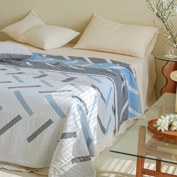 91家纺网 家纺一手货源 找家纺 朴尔 2024新款西部民族风全棉三层纱布毛巾被 杜莎-蓝