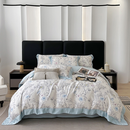 娇逸家居 2025新款50支莱赛尔数码印花宽边拼角天丝四件套（可搭配同系列夏被和床盖） 书瑶