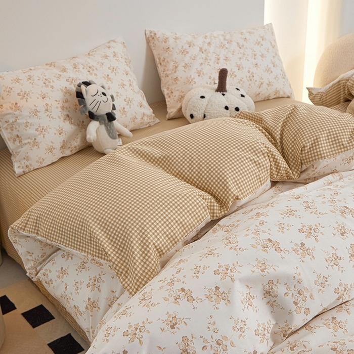 91家纺网 家纺一手货源 找家纺 一米阳光 2024新款小清新AB版全棉四件套 沁园-卡其