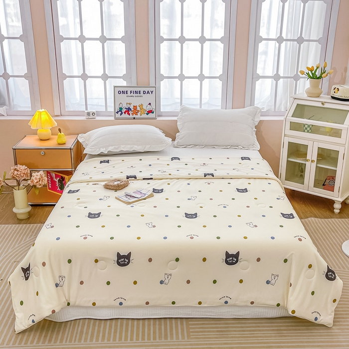 91家纺网 家纺一手货源 找家纺 眠优居 2024新款A类针织棉大豆纤维夏被 波点猫咪