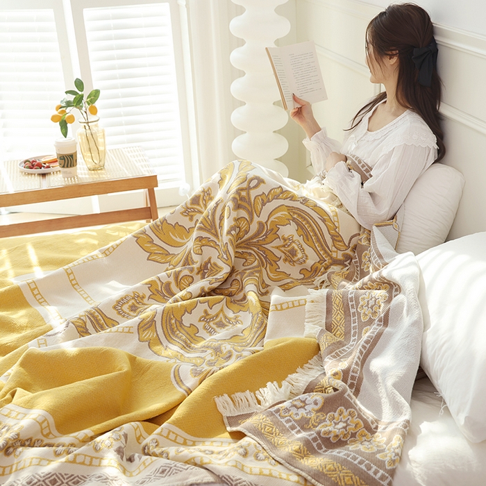 91家纺网 家纺一手货源 找家纺 朴尔 2024新款基拉尼风流苏花边全棉纱布毛巾被 罗马之恋-黄