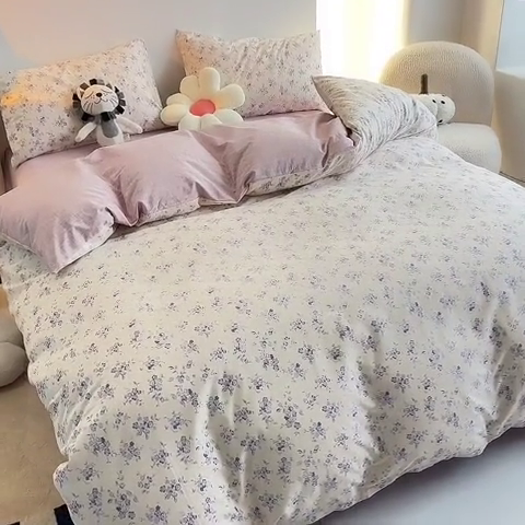 91家纺网 家纺一手货源 找家纺 一米阳光 2024新款小清新AB版全棉四件套 沁园-紫