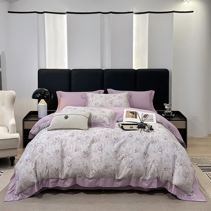 91家纺网 家纺一手货源 找家纺 （总）娇逸家居 2025新款50支莱赛尔数码印花宽边拼角天丝四件套（可搭配同系列夏被和床盖）