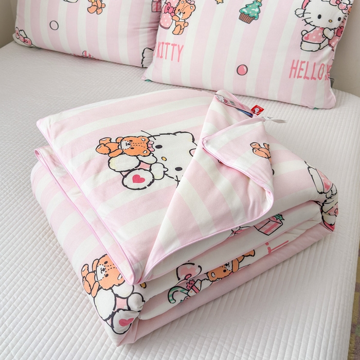 91家纺网 家纺一手货源 找家纺 木堇家居 2024新款三丽欧A类针织棉10%大豆纤维嵌绳款夏被 粉色kT