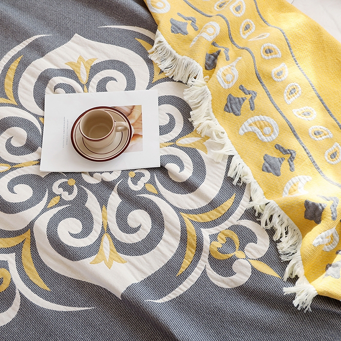 91家纺网 家纺一手货源 找家纺 朴尔 2024新款基拉尼风流苏花边全棉纱布毛巾被 莫克罗斯-灰