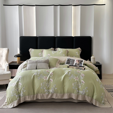 91家纺网 家纺一手货源 找家纺 （总）娇逸家居 2025新款50支莱赛尔数码印花宽边拼角天丝四件套（可搭配同系列夏被和床盖）