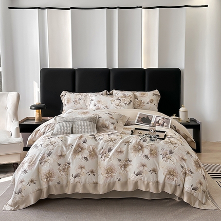 91家纺网 家纺一手货源 找家纺 （总）娇逸家居 2025新款50支莱赛尔数码印花宽边拼角天丝四件套（可搭配同系列夏被和床盖）