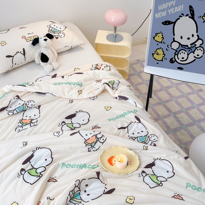 91家纺网 家纺一手货源 找家纺 木堇家居 2024新款三丽欧A类针织棉10%大豆纤维嵌绳款夏被 吃瓜帕恰狗