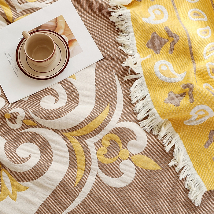 91家纺网 家纺一手货源 找家纺 朴尔 2024新款基拉尼风流苏花边全棉纱布毛巾被 莫克罗斯-咖