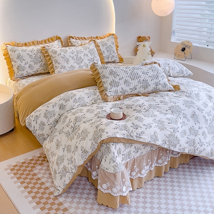 2024直播爆款泡泡棉床盖款四件套双层蕾丝花边夹棉床裙款三件套 赫本