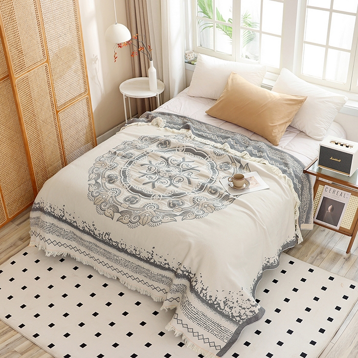 91家纺网 家纺一手货源 找家纺 朴尔 2024新款基拉尼风流苏花边全棉纱布毛巾被 林恩圣湖-灰