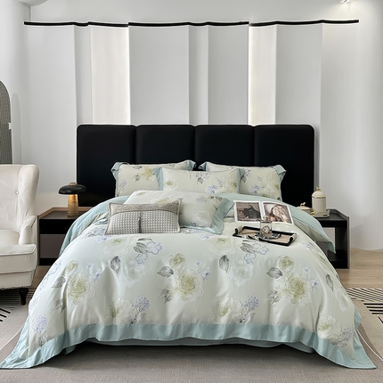 91家纺网 家纺一手货源 找家纺 （总）娇逸家居 2025新款50支莱赛尔数码印花宽边拼角天丝四件套（可搭配同系列夏被和床盖）