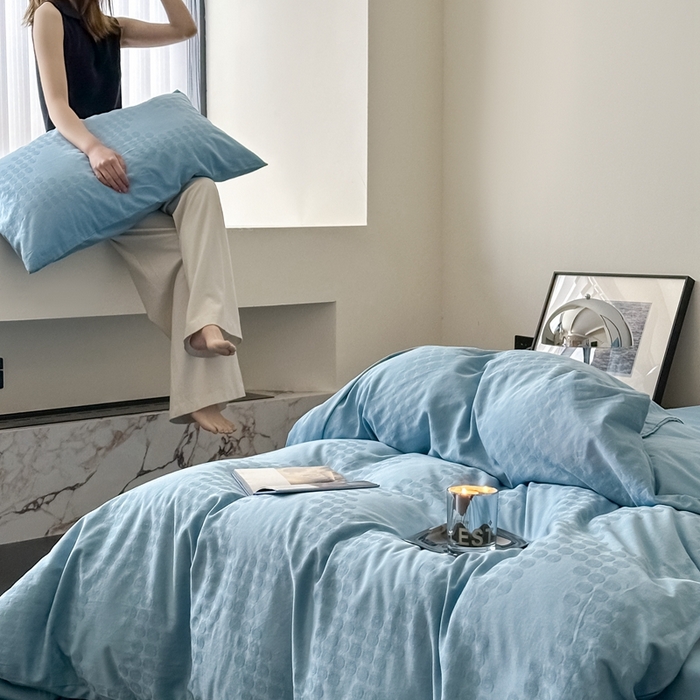 91家纺网 家纺一手货源 找家纺 玖弘 2024新款染色提花系列四件套 古韵 梵高蓝