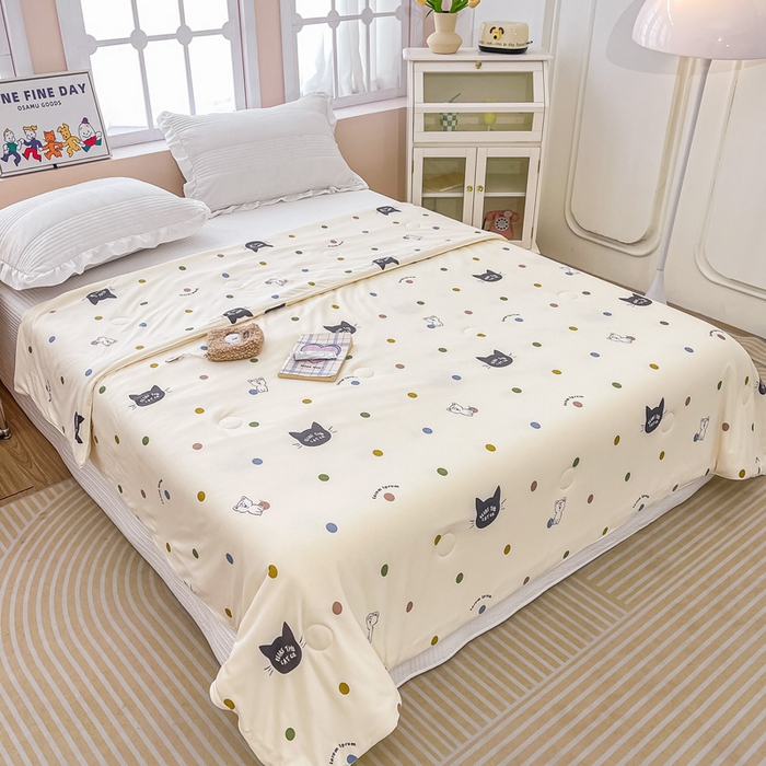 91家纺网 家纺一手货源 找家纺 眠优居 2024新款A类针织棉大豆纤维夏被 波点猫咪