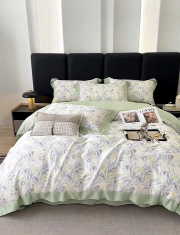 91家纺网 家纺一手货源 找家纺 娇逸家居 2025新款50支莱赛尔数码印花宽边拼角天丝四件套（可搭配同系列夏被和床盖） 春分