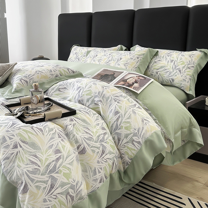 91家纺网 家纺一手货源 找家纺 娇逸家居 2025新款50支莱赛尔数码印花宽边拼角天丝四件套（可搭配同系列夏被和床盖） 春分