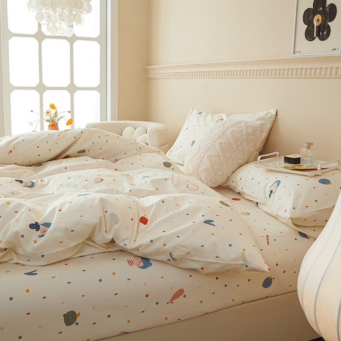 91家纺网 家纺一手货源 找家纺 一米阳光 2024新款小清新AB版全棉四件套 水果点点