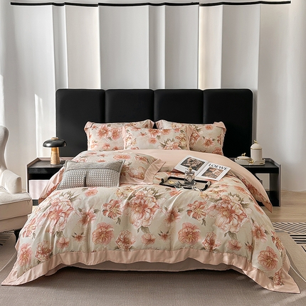 91家纺网 家纺一手货源 找家纺 （总）娇逸家居 2025新款50支莱赛尔数码印花宽边拼角天丝四件套（可搭配同系列夏被和床盖）