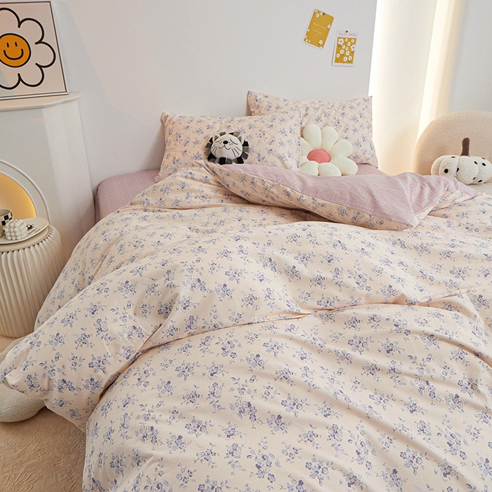 91家纺网 家纺一手货源 找家纺 一米阳光 2024新款小清新AB版全棉四件套 沁园-紫