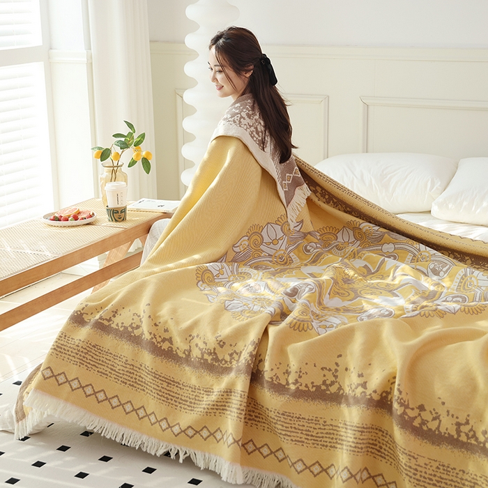 91家纺网 家纺一手货源 找家纺 朴尔 2024新款基拉尼风流苏花边全棉纱布毛巾被 林恩圣湖-黄
