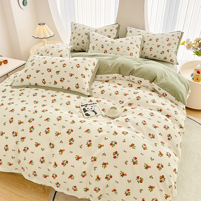 91家纺网 家纺一手货源 找家纺 卡普二店 2024新款A类水洗棉麻四件套 草莓园