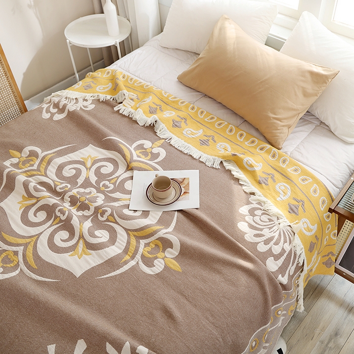 91家纺网 家纺一手货源 找家纺 朴尔 2024新款基拉尼风流苏花边全棉纱布毛巾被 莫克罗斯-咖