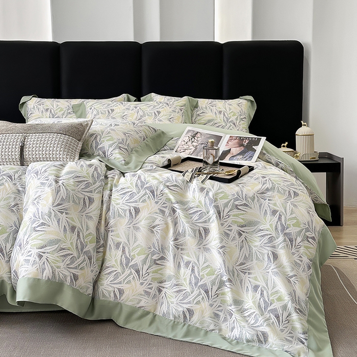 91家纺网 家纺一手货源 找家纺 娇逸家居 2025新款50支莱赛尔数码印花宽边拼角天丝四件套（可搭配同系列夏被和床盖） 春分