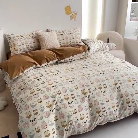 91家纺网 家纺一手货源 找家纺 一米阳光 2024新款小清新AB版全棉四件套 卡通甜甜圈