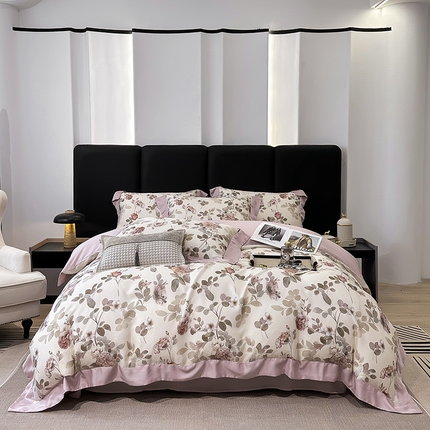 91家纺网 家纺一手货源 找家纺 娇逸家居 2025新款50支莱赛尔数码印花宽边拼角天丝四件套（可搭配同系列夏被和床盖） 桠枝