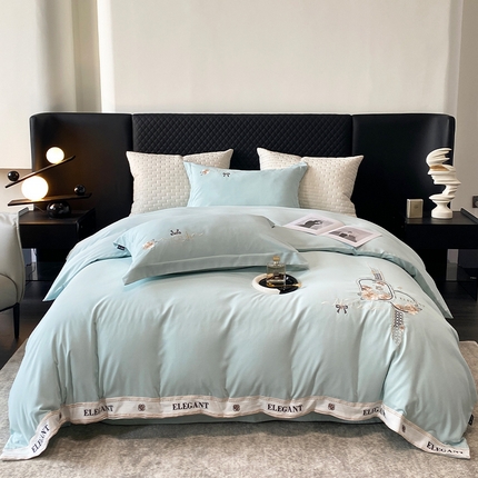 91家纺网 家纺一手货源 找家纺 棠颂 2025春夏全棉高奢优雅刺绣四件套--熙里（礼盒包装） 熙里-蒂芙尼蓝