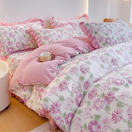 2024直播爆款泡泡棉床盖款四件套双层蕾丝花边夹棉床裙款三件套 夕颜花开