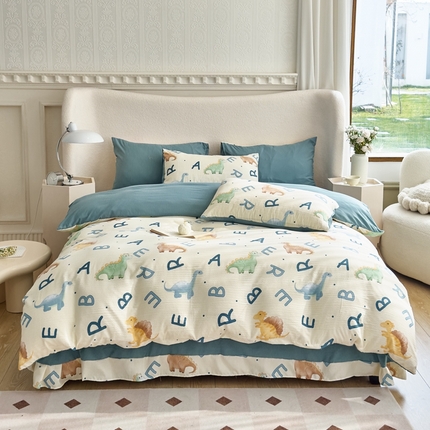 91家纺网 家纺一手货源 找家纺 富之航家纺 2024新款提花泡泡棉四件套 侏罗纪-米黄