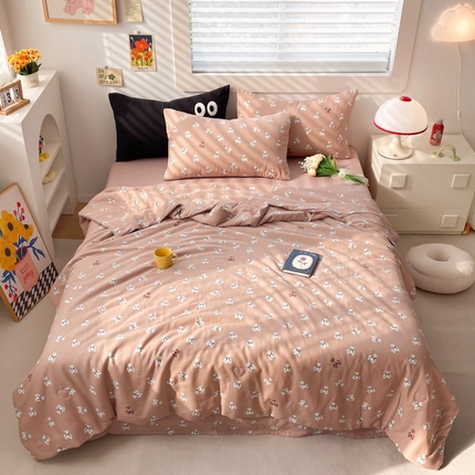 91家纺网 家纺一手货源 找家纺 迷尚 2024新款全棉双层纱大豆夏被 泰迪熊粉