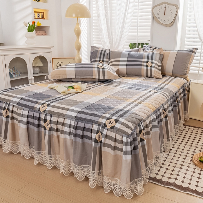 91家纺网 家纺一手货源 找家纺 琉宿家纺 2025新款全棉13372蕾丝夹棉印花床裙 普卡拉灰