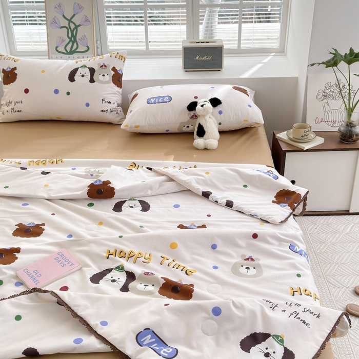 91家纺网 家纺一手货源 找家纺 星期八 2024新款全棉夏被四件套 波点狗