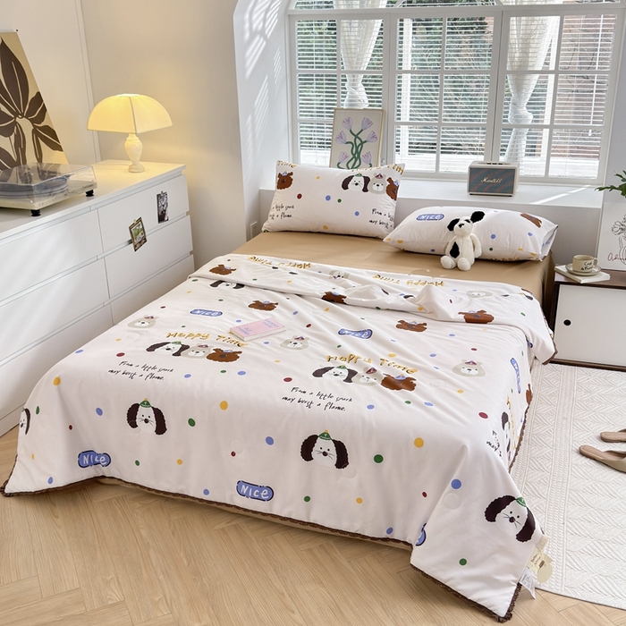 91家纺网 家纺一手货源 找家纺 星期八 2024新款全棉夏被四件套 波点狗