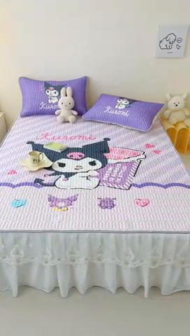 91家纺网 家纺一手货源 找家纺 米帛家纺 2024新款大版三丽鸥A类凉感丝乳胶凉席-床裙款 巧克力库洛米