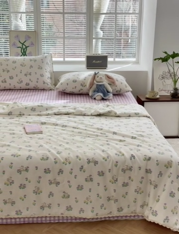 91家纺网 家纺一手货源 找家纺 星期八 2024新款全棉夏被四件套 花园兔
