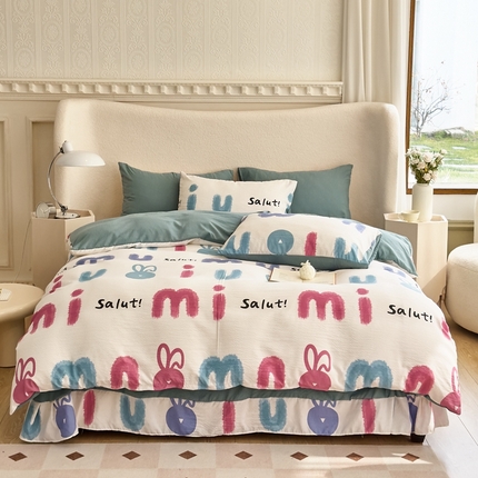 91家纺网 家纺一手货源 找家纺 富之航家纺 2024新款提花泡泡棉四件套 七彩兔