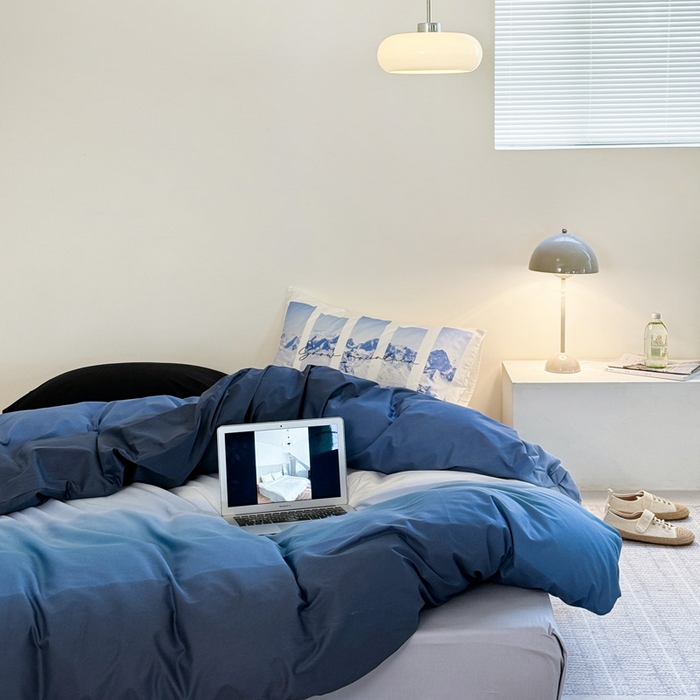 91家纺网 家纺一手货源 找家纺 艾沁家纺 2024新款40支全棉渐变色混搭四件套 渐变蓝