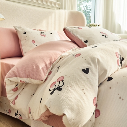 富之航家纺 2024新款提花泡泡棉四件套 粉樱桃